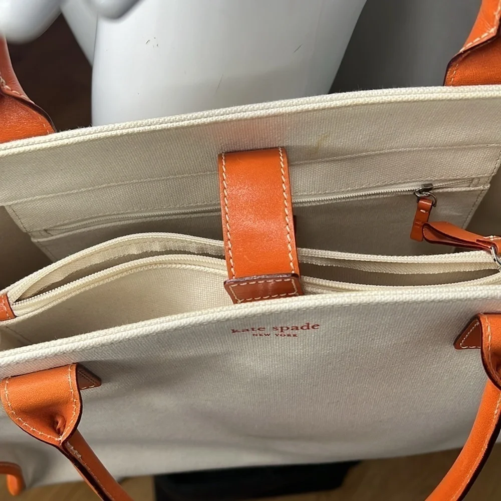 Kate Spade Large Beige Canvas Orange Leather Trim Tote Bag - New